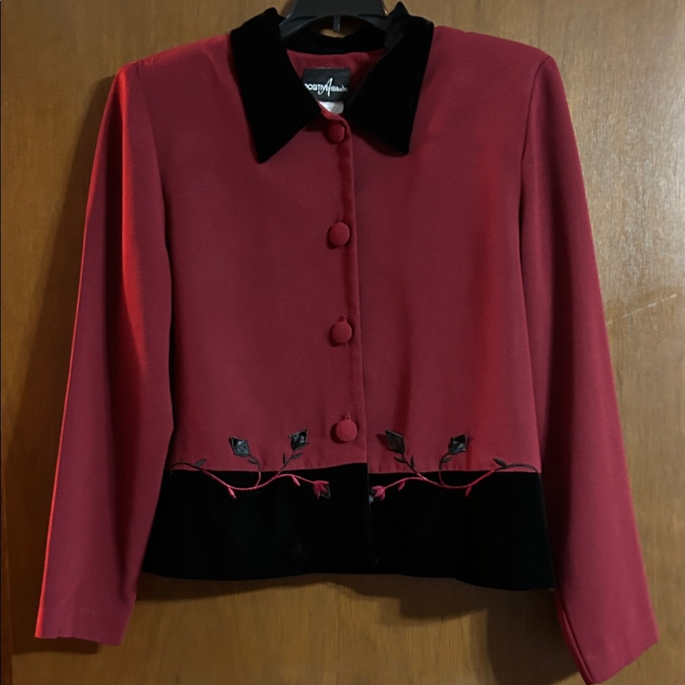 Positive Attitude Burgundy and Black Blazer with Leaf Embroidery, size 12